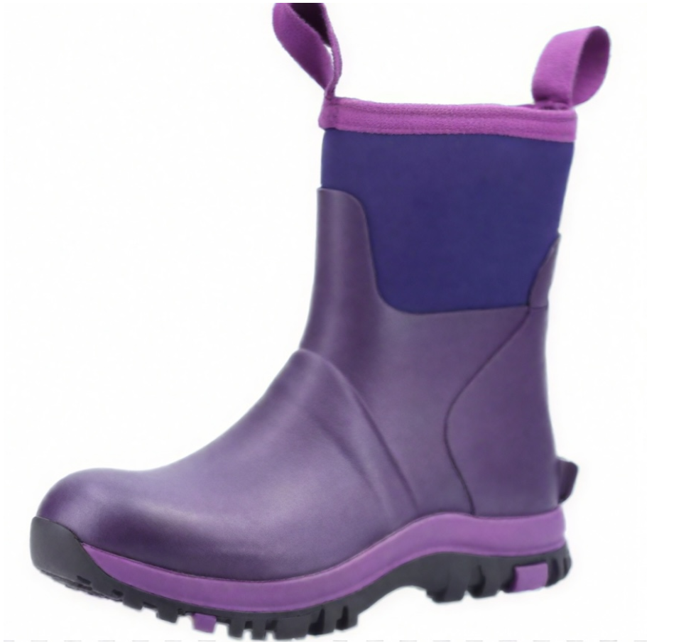 purple latex neoprene waterproof mid calf wellington boots for garden and hunting, women's durable non-slip rubber rain boots with pull tabs